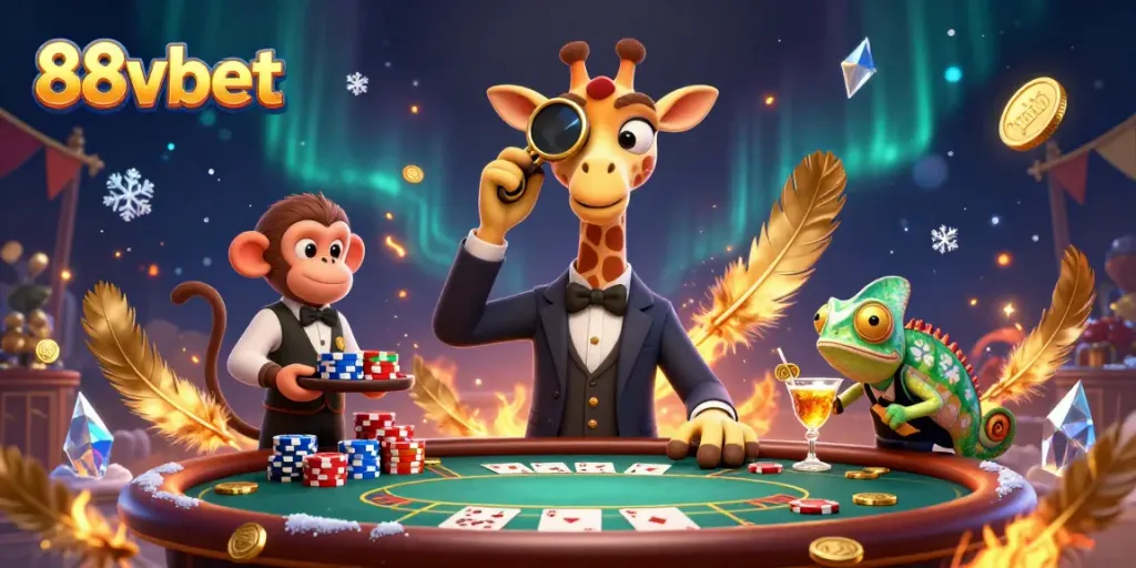 Join the fun at 88vbet with high-stakes poker action and animated characters in a vibrant 3D scene.