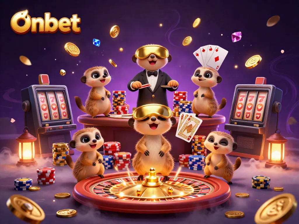 Experience Onbet's vibrant casino scene with meerkats managing games and treasures.