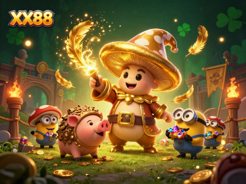 Experience the magic of XX88 as a golden mushroom wizard transforms your game with treasure.