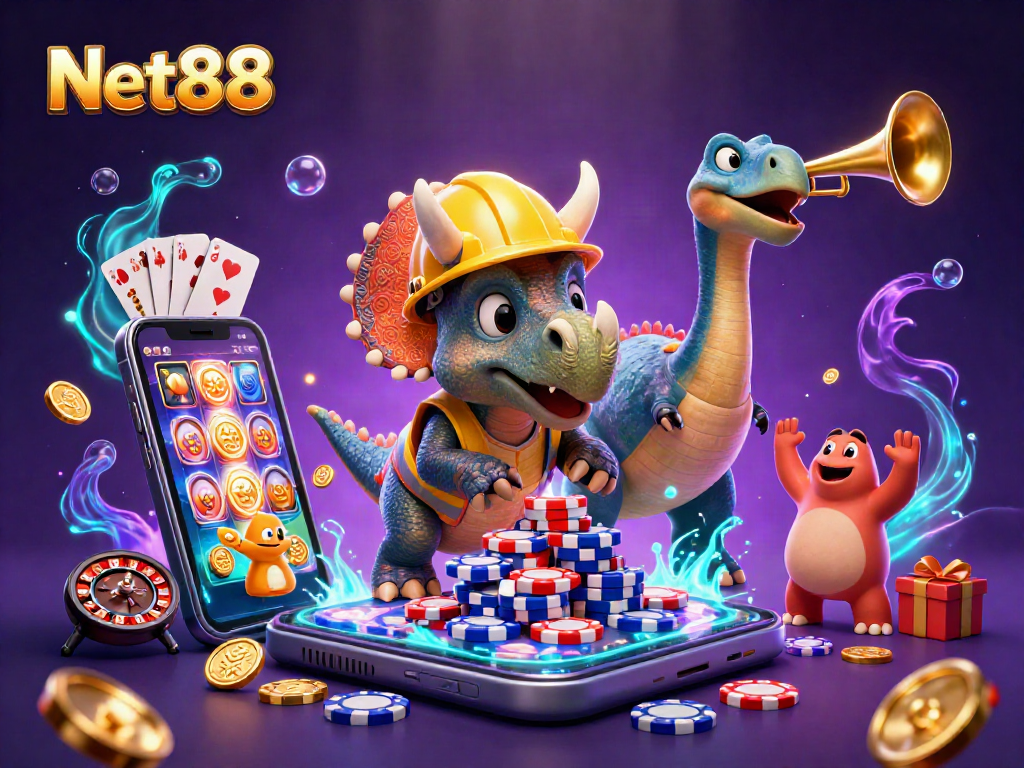 Bet on Net88 as a 3D triceratops builds a poker chip pyramid, celebrating with vibrant game elements.