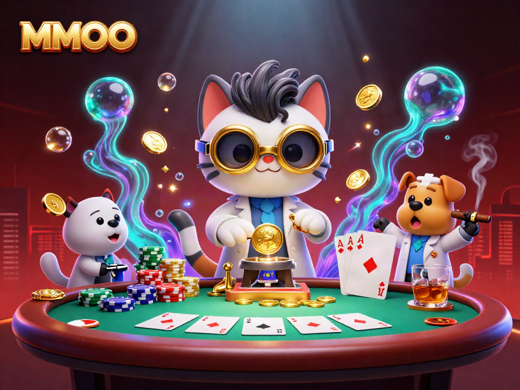 Join the fun at MMOO's poker casino with an engaging scene featuring mad scientist cat and loyal dog.