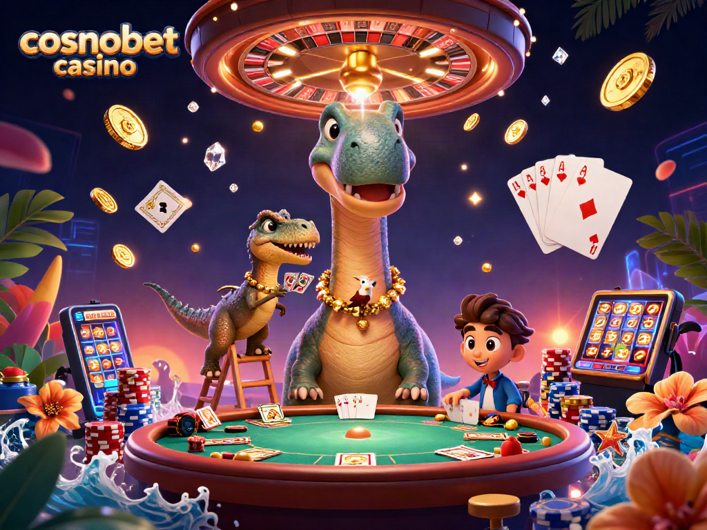 Experience excitement at cosmobet casino with a playful brontosaurus and clever raptor in a vibrant gaming scene.