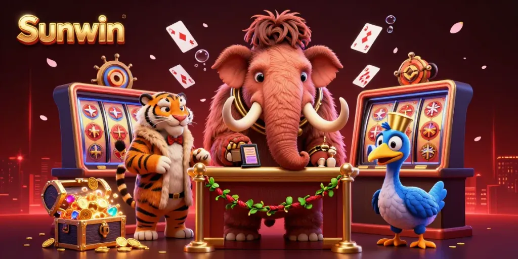 Experience the excitement of Sunwin with a vibrant 3D illustration of whimsical characters in a casino setting.