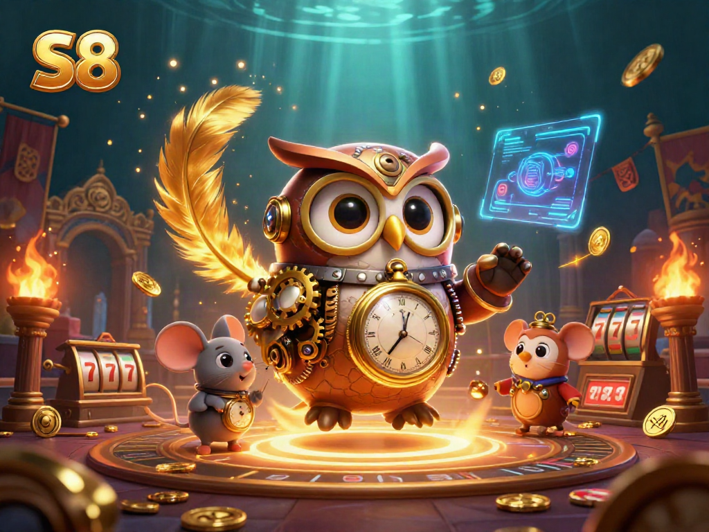Engage with S8 slots featuring a steampunk owl and mouse in a glamorous casino scene.