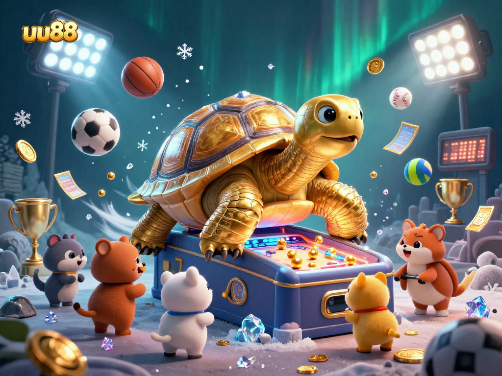 Experience thrilling gameplay at uu88 with a giant pinball tortoise and exciting sports elements surrounding it.
