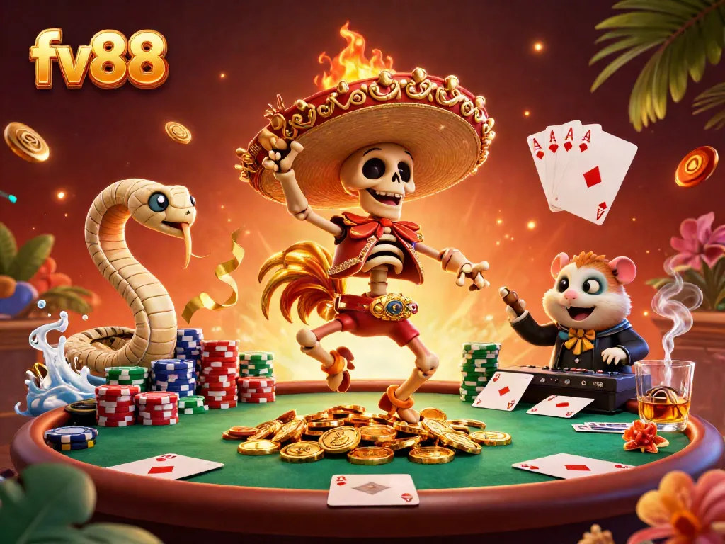 Experience the excitement of fv88 with vibrant characters celebrating on casino chips and cards.