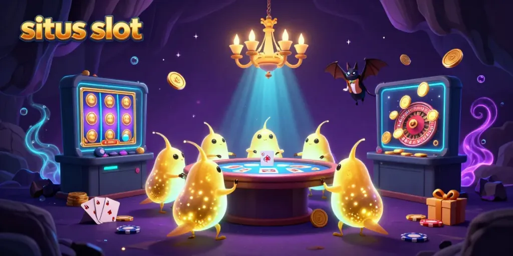 Situs slot illustration featuring bioluminescent glowworms illuminating a casino scene with vibrant slot game elements.
