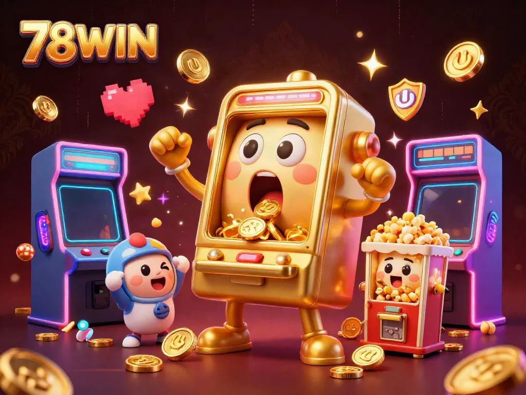 Experience the excitement of 78WIN with a golden slot machine hitting a jackpot amid vibrant casino elements.