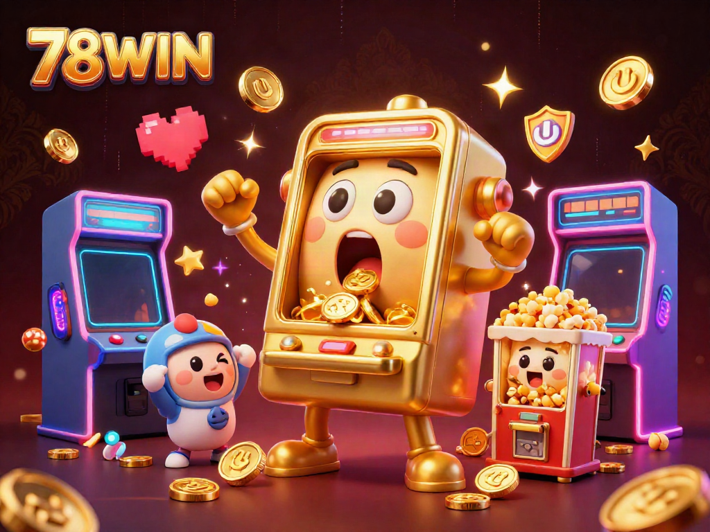 Experience the excitement of 78WIN with a golden slot machine hitting a jackpot amid vibrant casino elements.