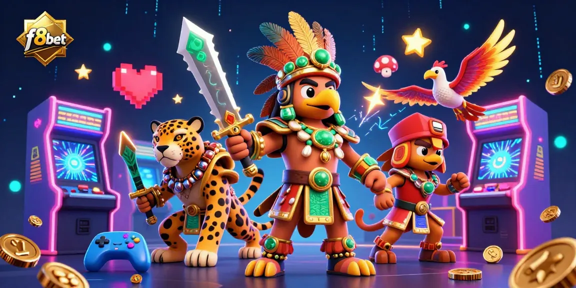 Join the action at f8bet with epic Aztec warriors and vibrant casino elements showcasing thrilling gaming adventures.