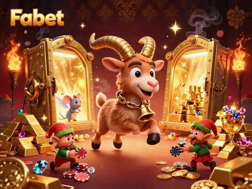 Fabet offers an exciting casino experience, showcasing a lively scene with animated characters amidst treasures.