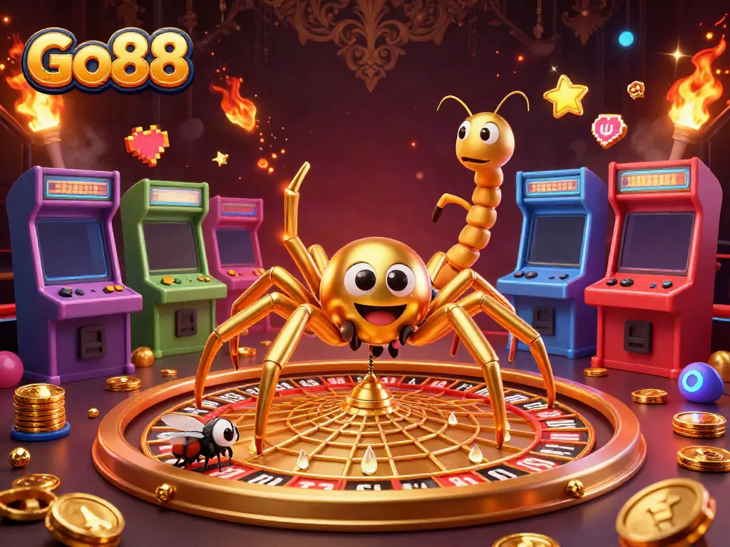 Experience gaming excitement with Go88's vibrant casino illustration featuring a golden roulette web.