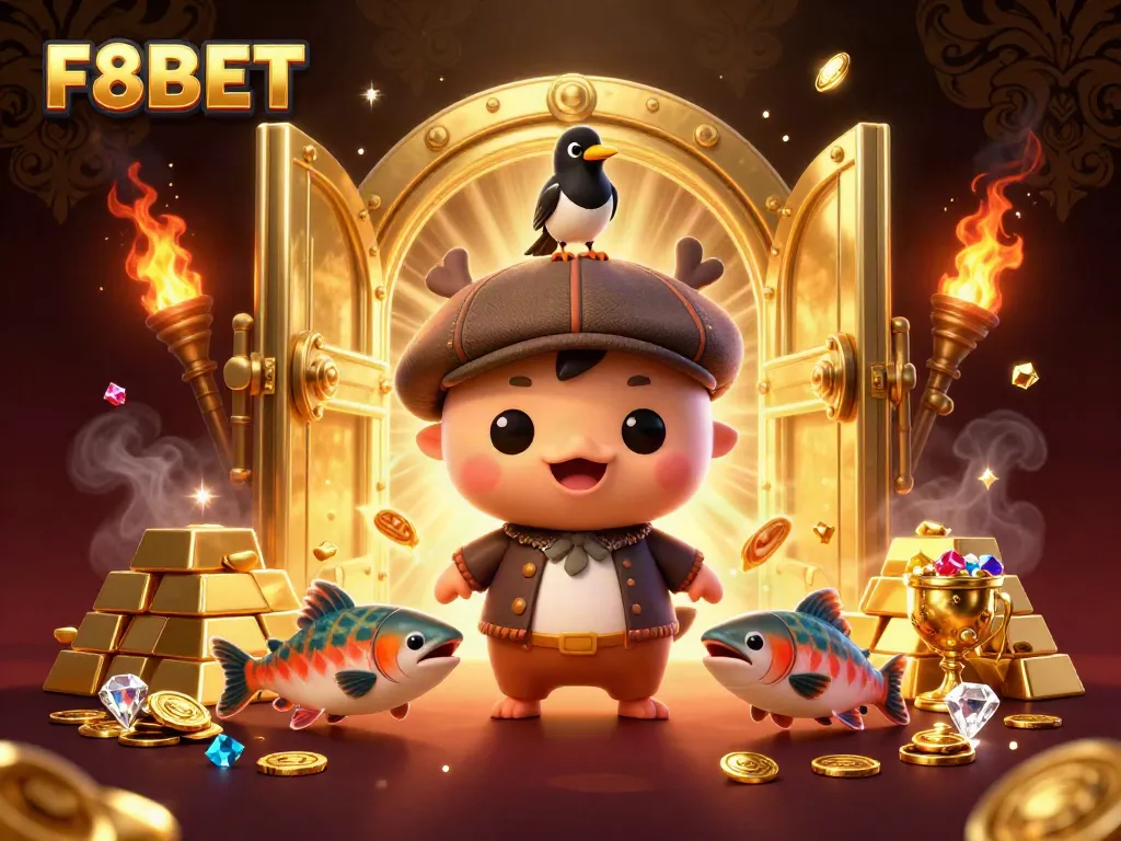 Engage in thrilling adventures at F8BET with a vibrant 3D casino scene featuring gold and game elements.