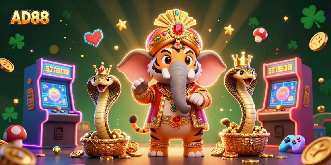 Experience thrilling gameplay at AD88 with an exciting scene featuring a majestic tiger, an enchanted elephant, and vibrant gaming elements.