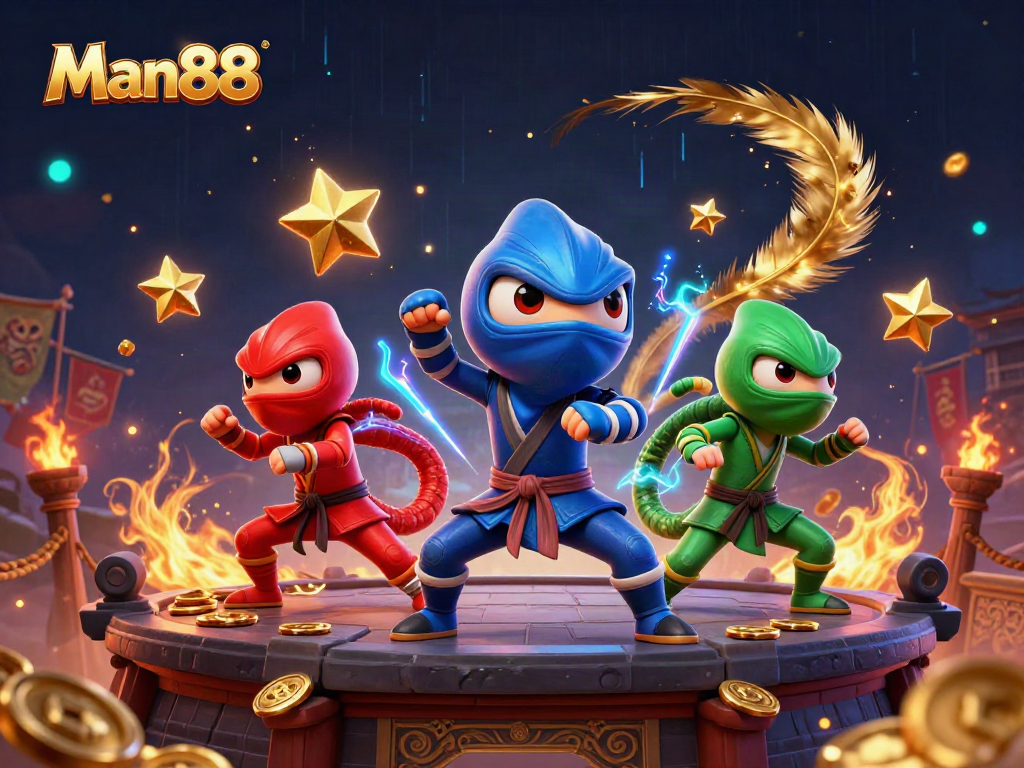 Experience thrilling action with Man88's ninja chameleons competing in an electrifying gaming scene.