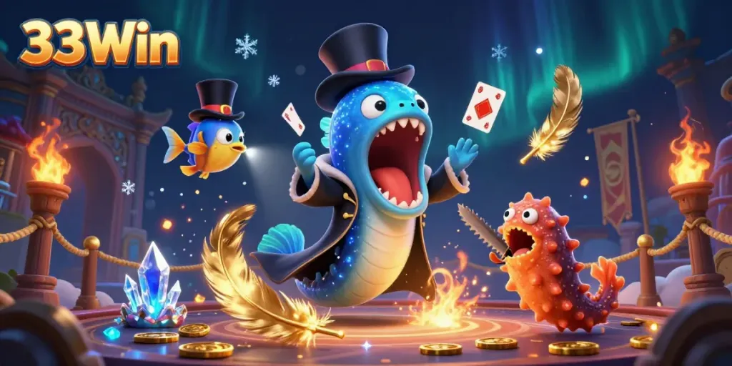 Experience thrilling card tricks with 33Win's underwater characters in this vibrant casino scene.