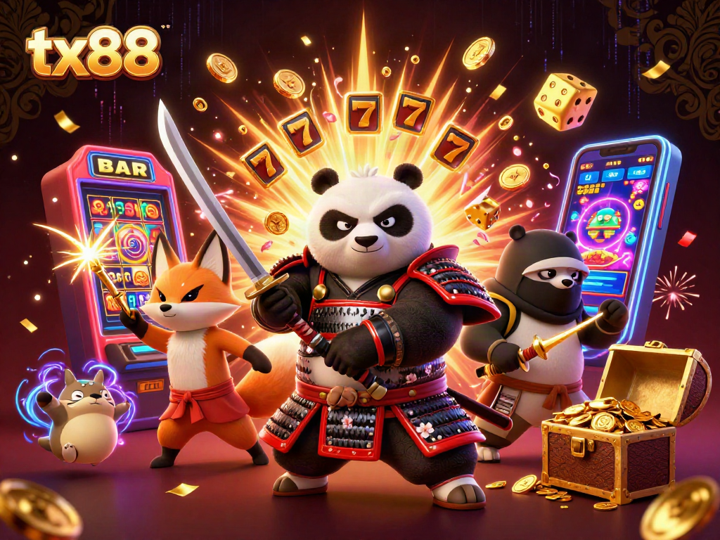 Players engage with tx88's dynamic gaming experience featuring samurai panda, slot machine, and energetic elements.