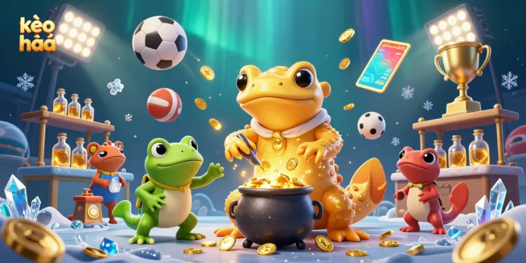Experience kèo nhà cái with a 3D golden salamander alchemist and frog apprentice in an engaging sports betting scene.