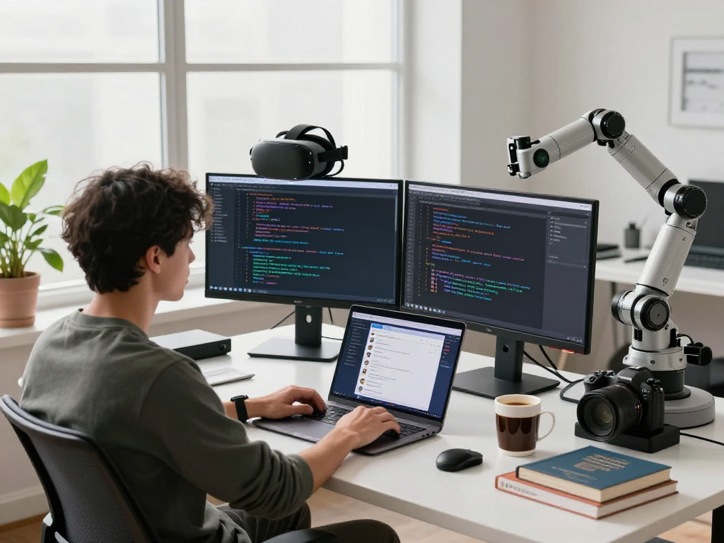 Developer coding nsfw ai chat project in a modern tech workspace.