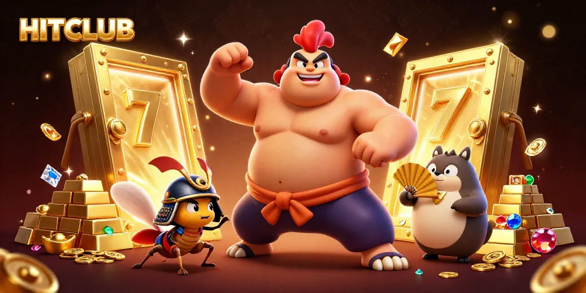 Engage with HITCLUB's vibrant casino experience featuring a sumo wrestler, a fierce cricket, and a tanuki announcer.