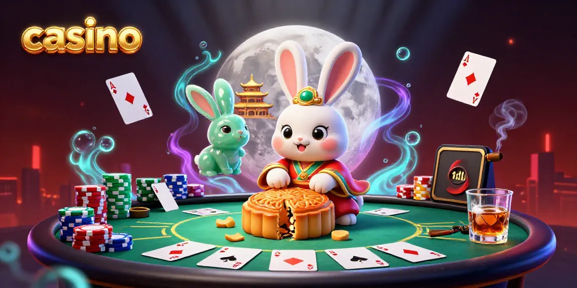 Engaging 3D casino scene with a moon rabbit revealing poker chips, highlighting the excitement of play.