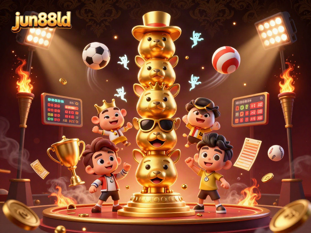 Engage with jun88ld at an exciting casino scene featuring sports balls, golden totem, and dynamic elements.