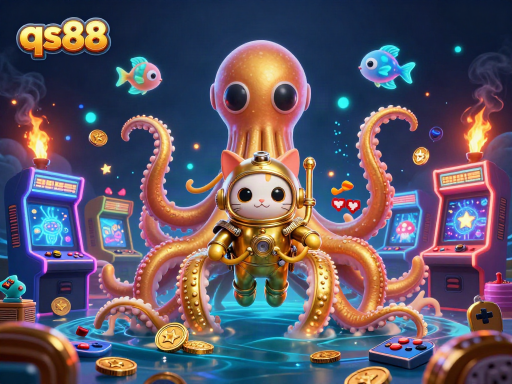 Experience the excitement of qs88 with a colossal kraken and a diving cat amidst a treasure-filled ocean.