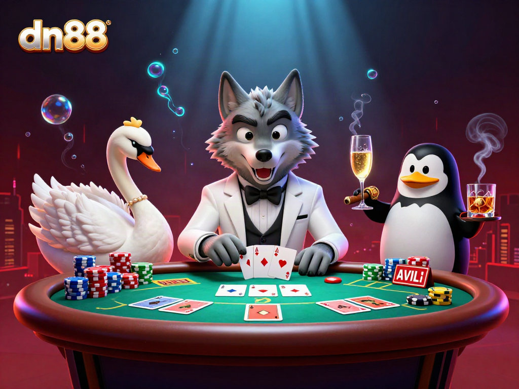 Experience thrilling baccarat with dn88 featuring a debonair wolf, elegant swan, and sophisticated penguin in a vibrant 3D casino scene.