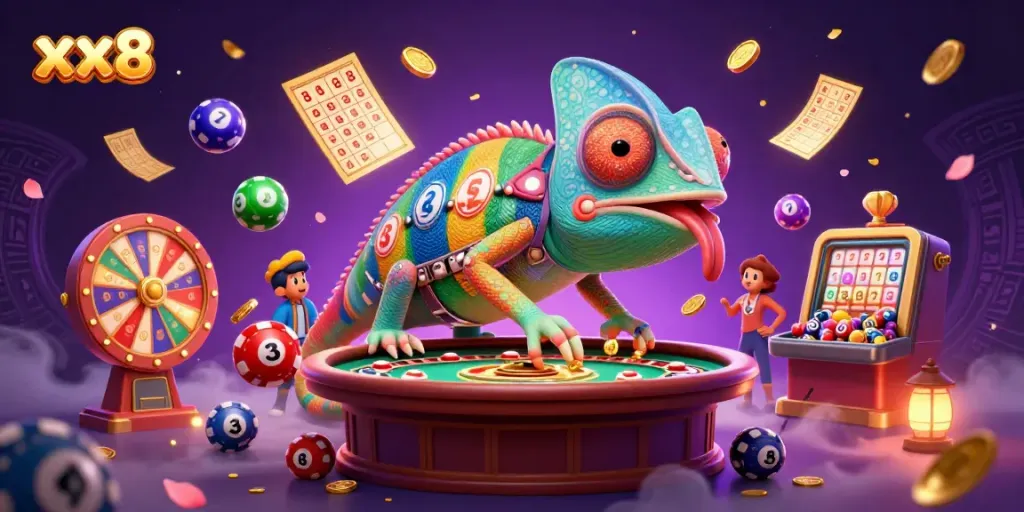 Play and win big with the vibrant xx8 casino, featuring a chameleon owner and dynamic lottery elements.