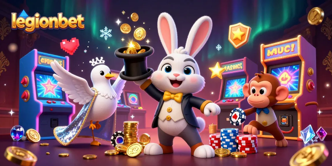 Experience the magic of legionbet with a 3D rabbit, dove, and monkey among vibrant casino elements.