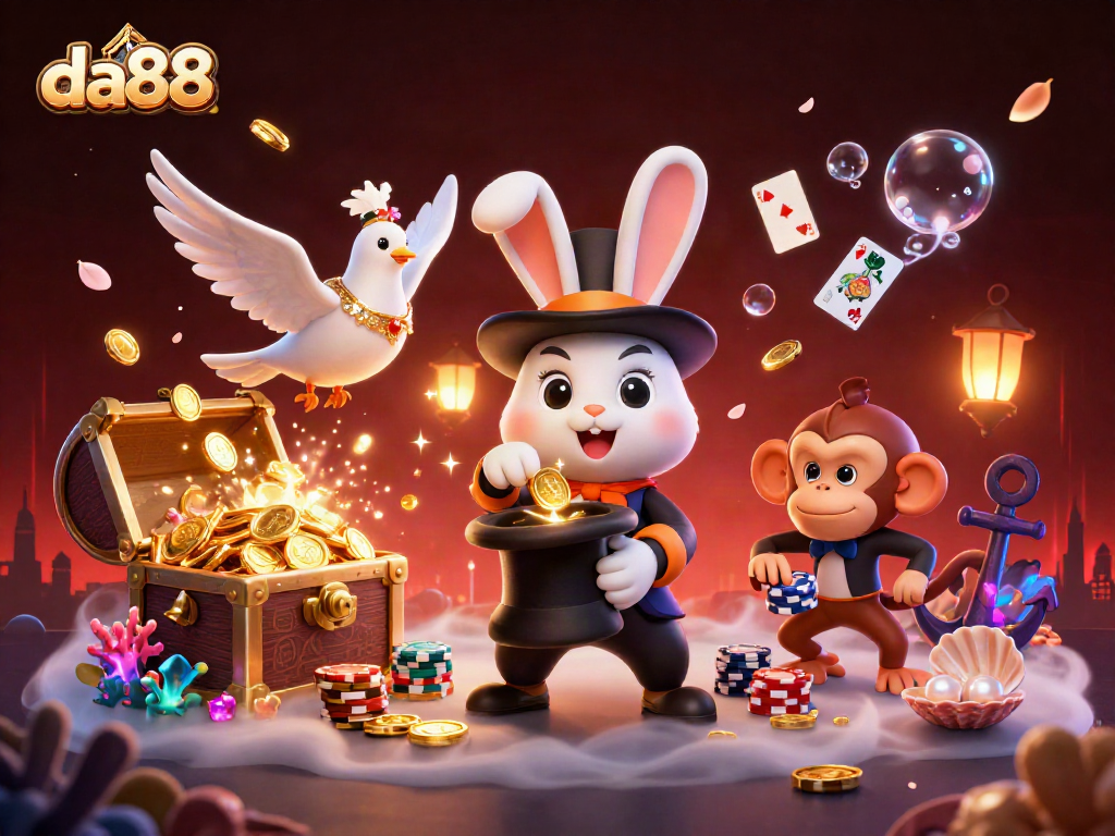 Experience the magic at da88 with a whimsical scene of a magician rabbit and playful monkey amidst casino treasures.