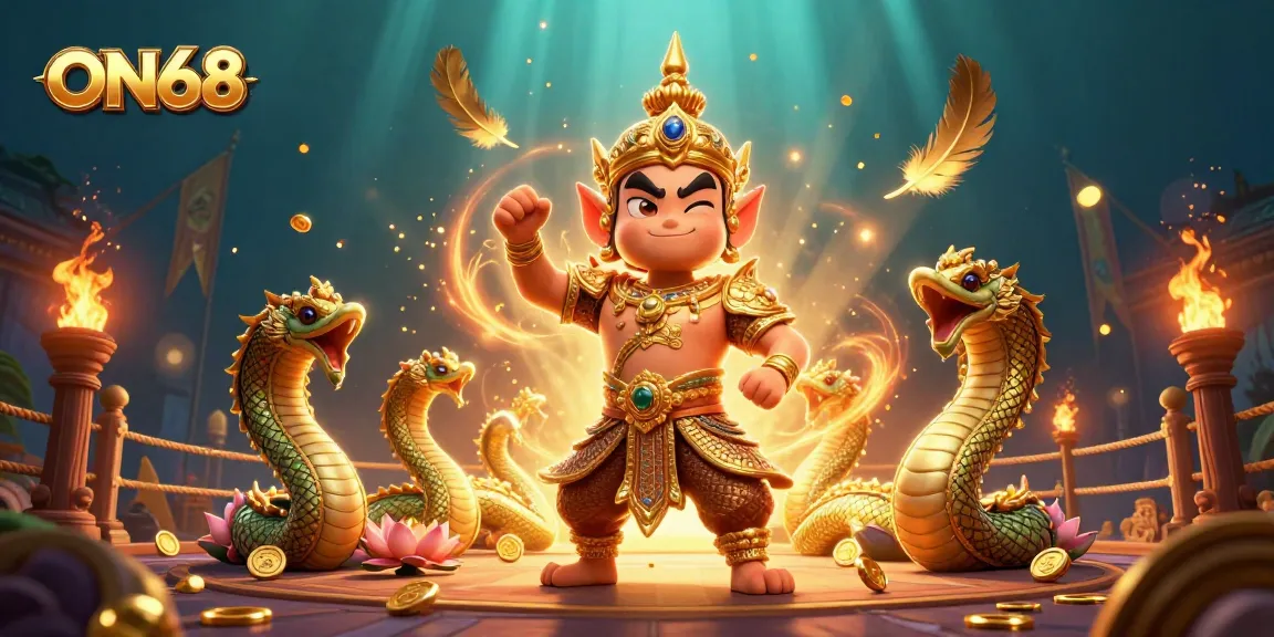 Experience ON68: An engaging casino scene with Thai guardian, Naga companions, and vibrant gambling elements.