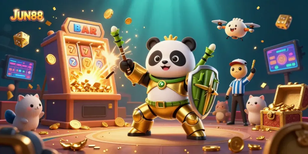 Experience the thrilling action of JUN88 in a lively casino arena with dynamic gaming elements and vibrant characters.