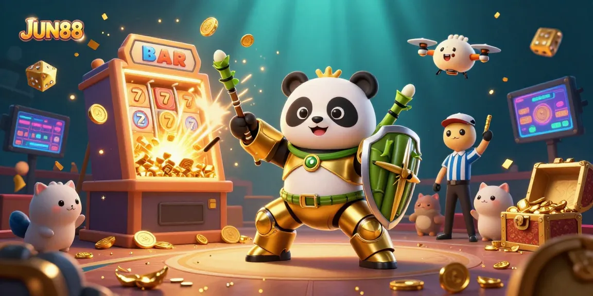 Experience the thrilling action of JUN88 in a lively casino arena with dynamic gaming elements and vibrant characters.