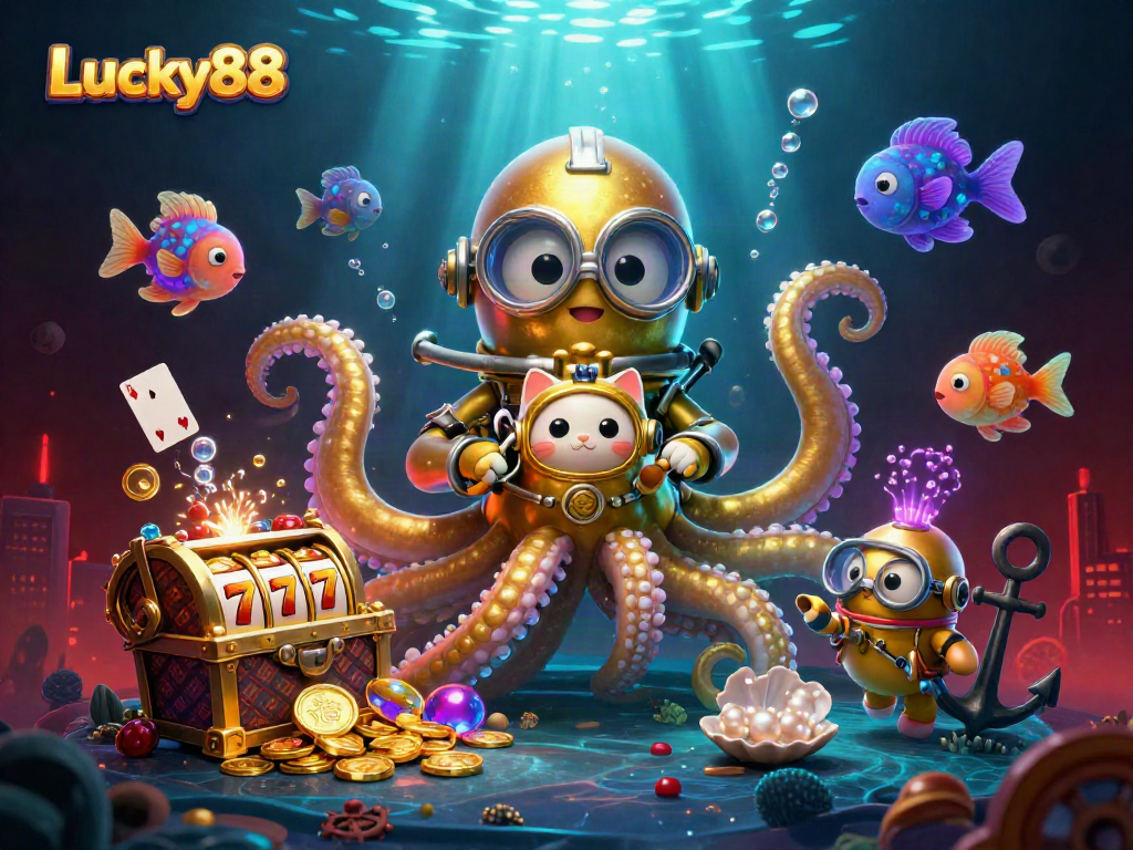 Engage in exciting Lucky88 gameplay featuring a kraken, diving cat, and glowing treasures in a vibrant casino scene.