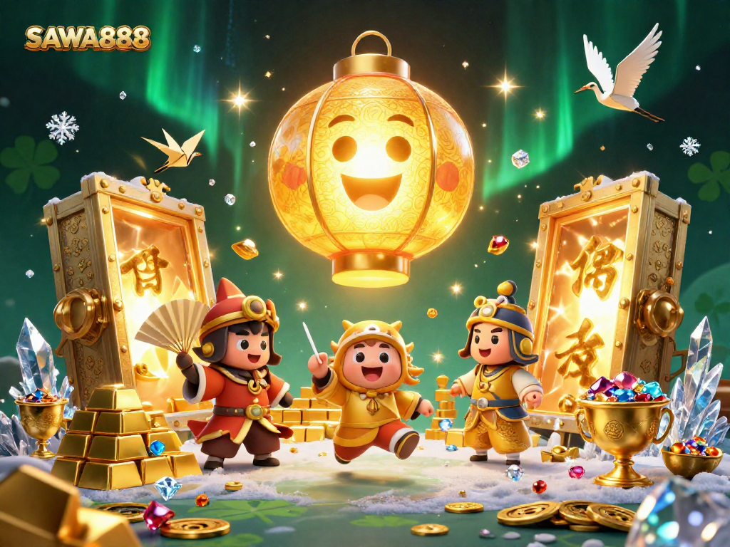 SAWA888 players spin thrilling slots surrounded by golden treasures and lucky symbols in a vibrant casino scene.