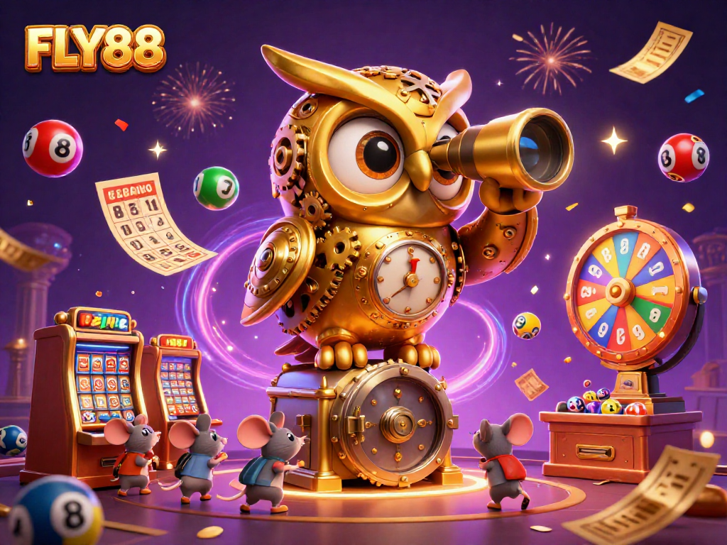 FLY88 captivates with a golden owl overseeing a vibrant casino scene filled with dynamic lottery elements.