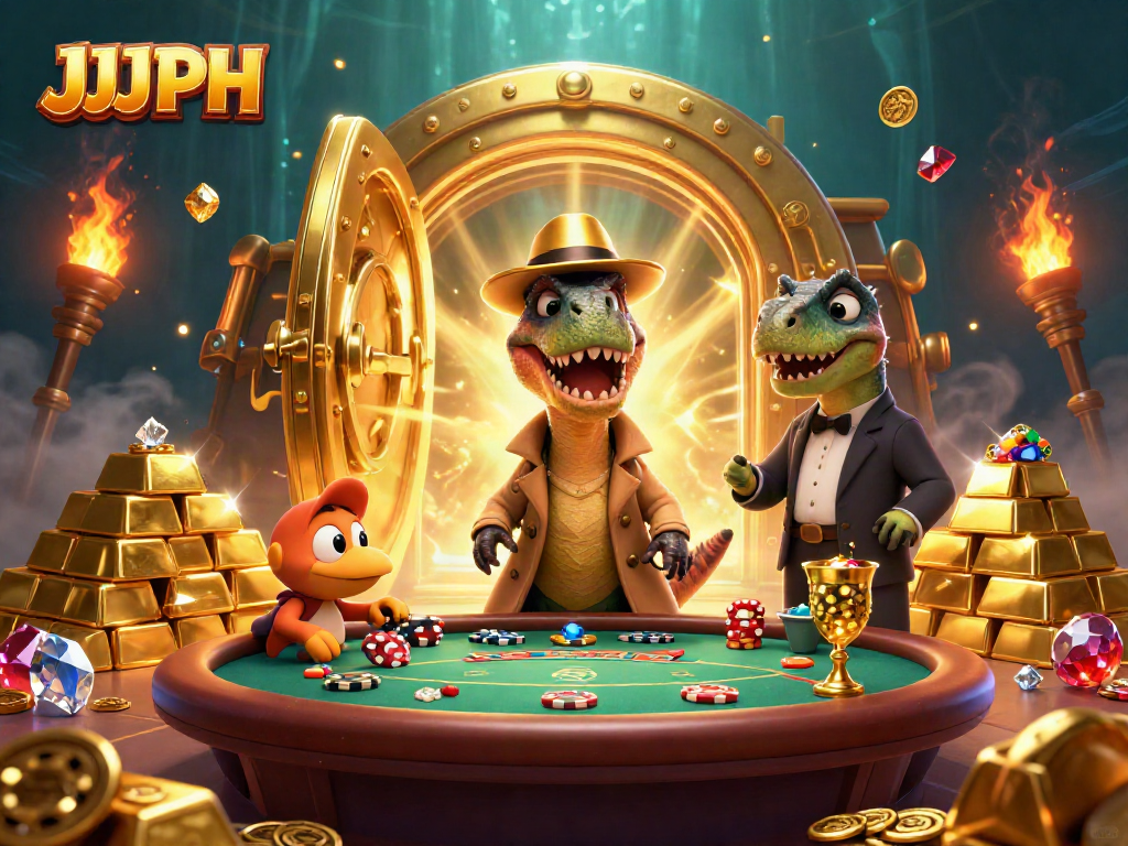 A charismatic velociraptor at the blackjack table in JJJPH, while a stegosaurus boss keeps a watchful eye, showcasing gambling excitement.
