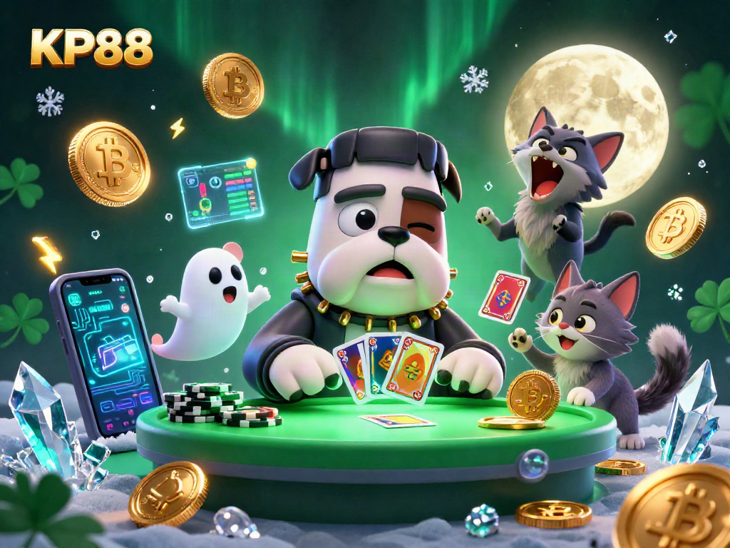 Join the fun at KP88 with a Frankenstein bulldog and ghost mouse dealing cards in this vibrant casino scene.