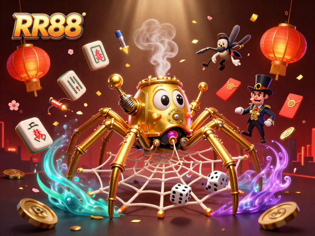 Try your luck at RR88 while the steampunk spider weaves a golden web of fortune.