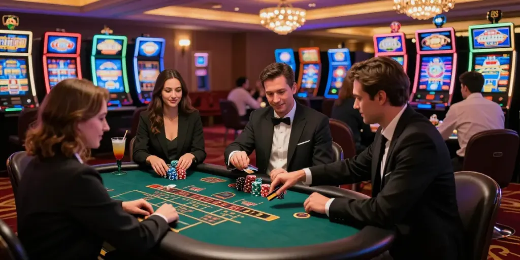 A lively credit card casino scene showcasing players engaging at gaming tables with vibrant colors, luxurious decor, and transactions happening.