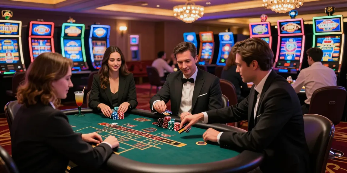 A lively credit card casino scene showcasing players engaging at gaming tables with vibrant colors, luxurious decor, and transactions happening.