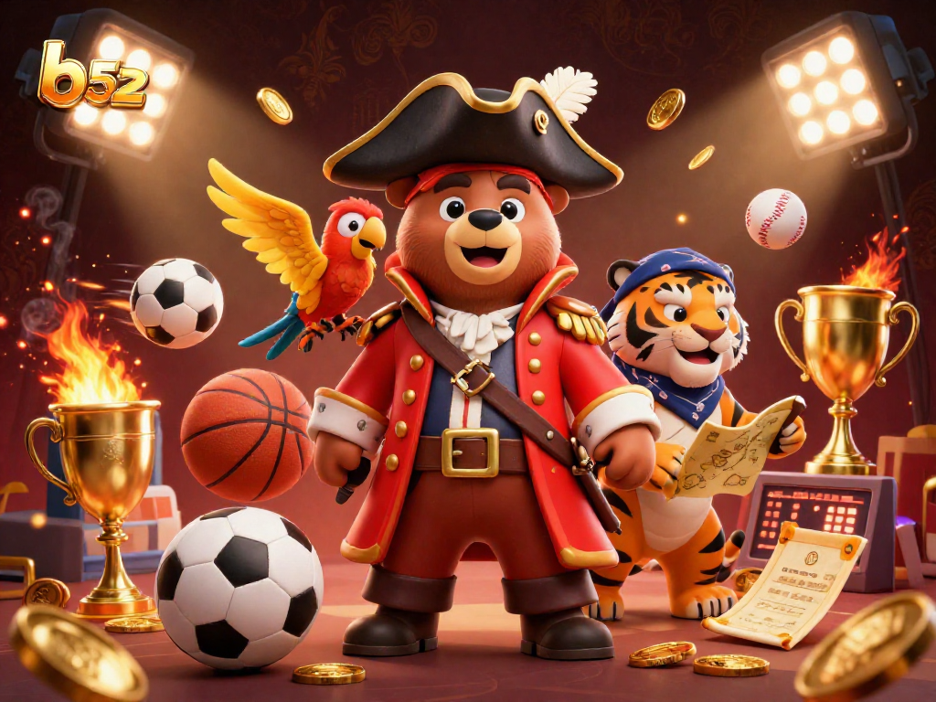 Experience thrilling gameplay at b52 with a lively scene featuring a pirate bear, tiger, and treasure elements.