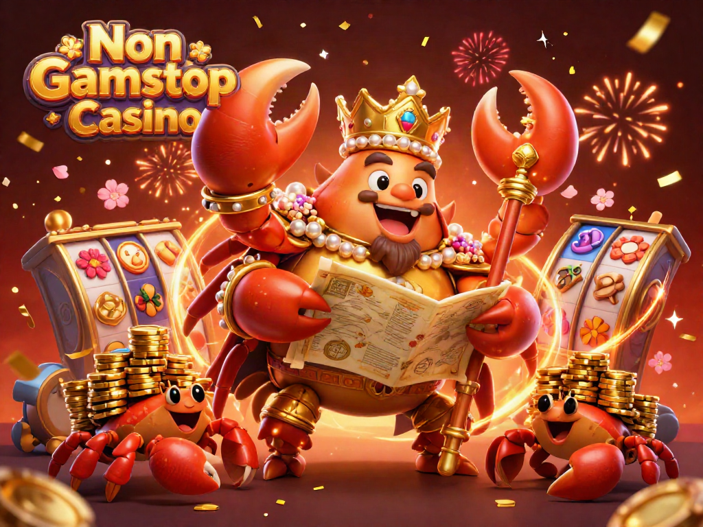 Experience excitement at a Non Gamstop Casino with a vibrant scene featuring a golden crab emperor and festive elements.