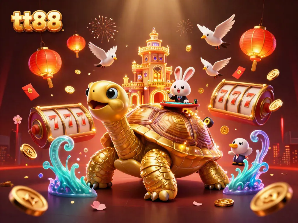 Engage with tt88's vibrant gaming atmosphere featuring a golden tortoise casino and a rabbit dealer