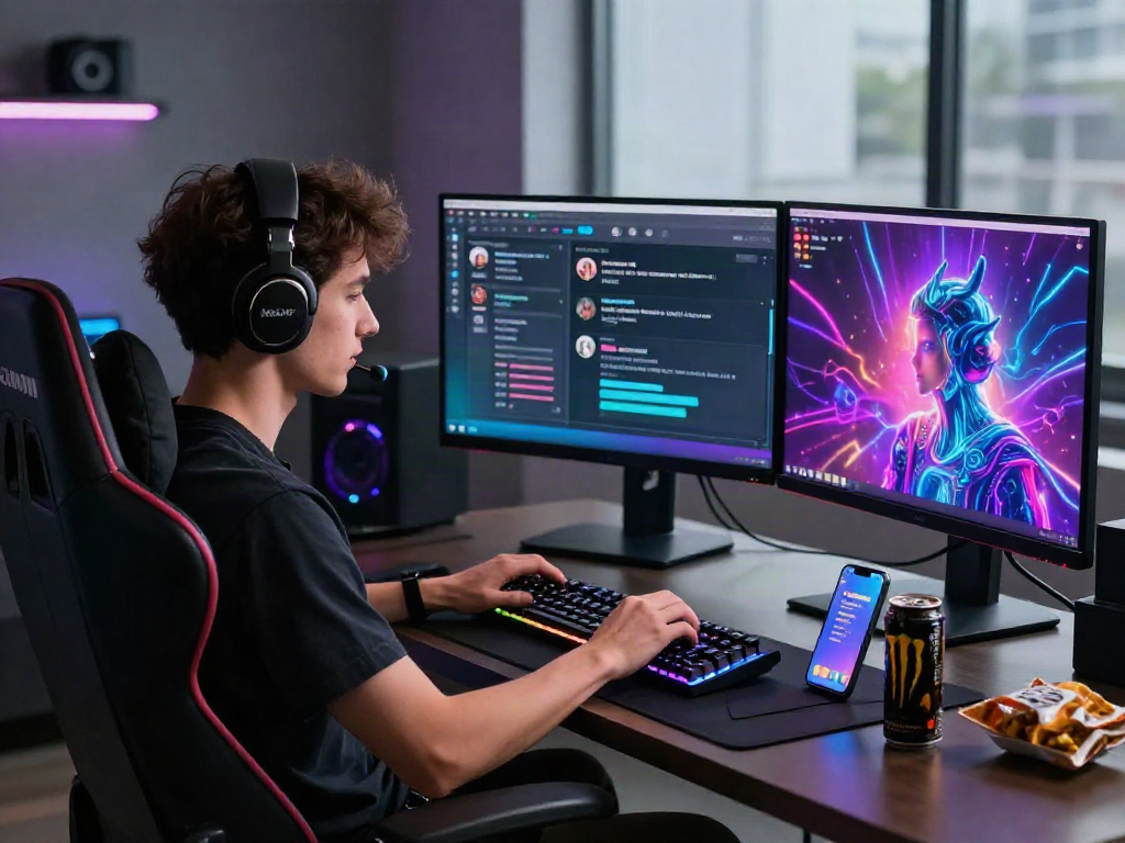 Engaging nsfw ai chat scene in a modern tech workspace with advanced setup.