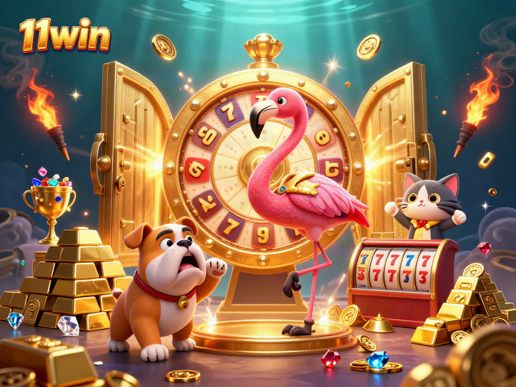 Join the excitement of 11win with a spinning prize wheel and joyful characters in a vibrant casino scene.