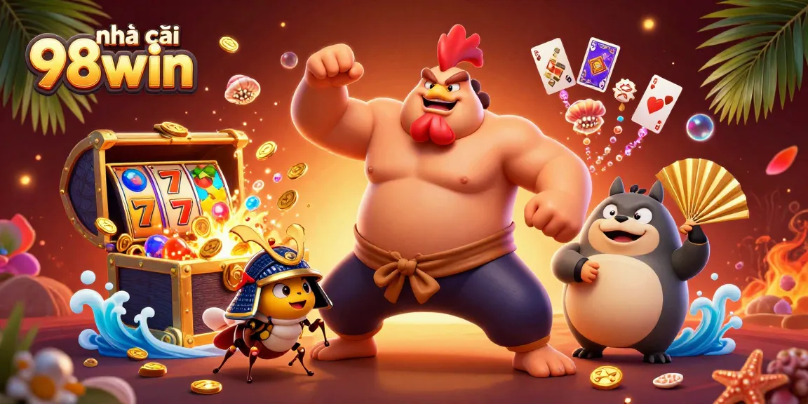 Experience thrilling slots at nhà cái 98win with a vibrant 3D casino scene filled with excitement.