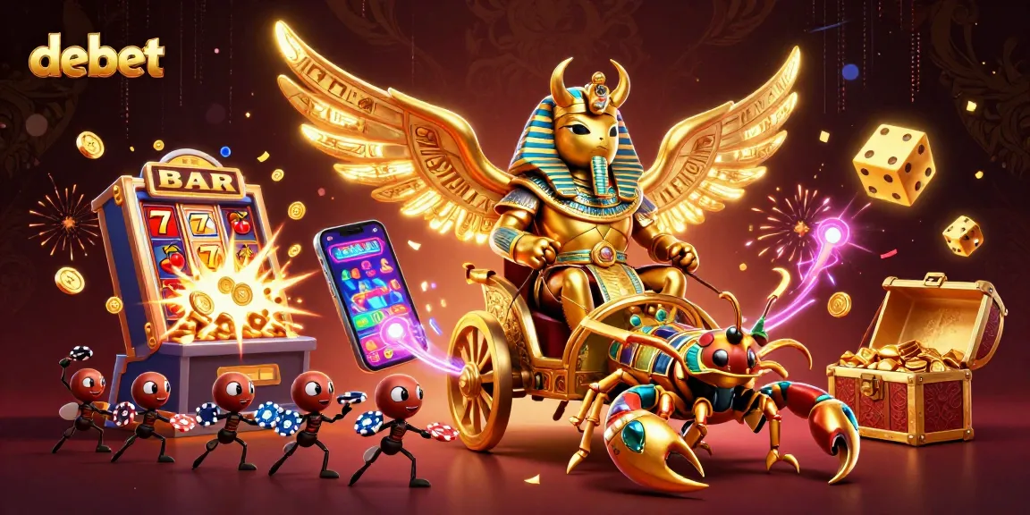 Experience the magic of debet with a dazzling casino scene featuring a colossal scarab beetle and jackpot excitement.