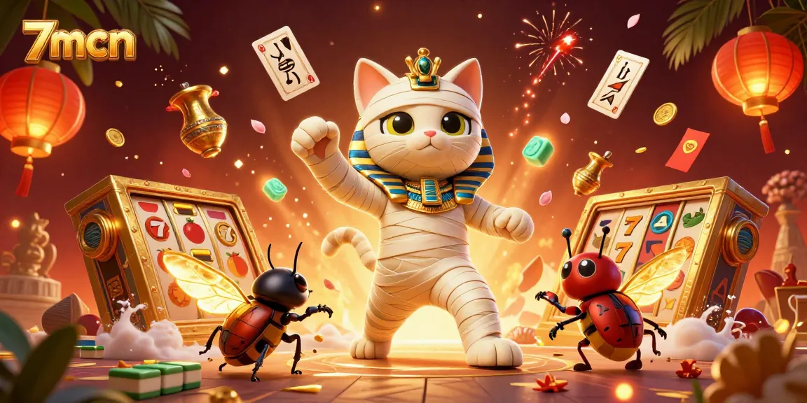 Experience thrilling wins at 7mcn with a vibrant scene of a mummy cat and gaming elements.